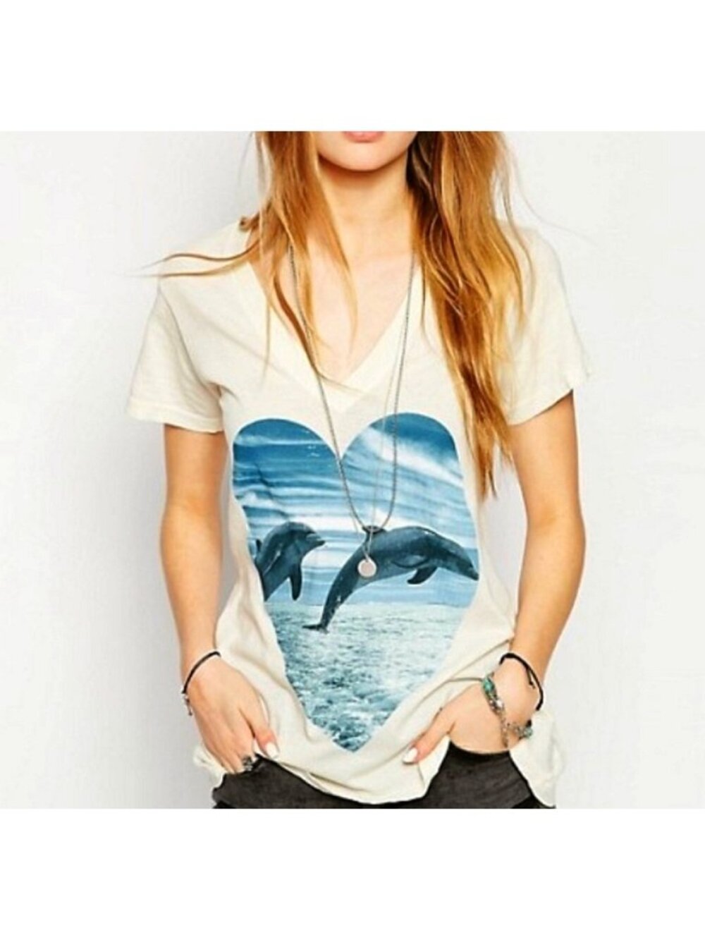Wildfox Hippie V-Neck Save A Dolphin Heart Porpoise Animals A-Line Short Sleeve